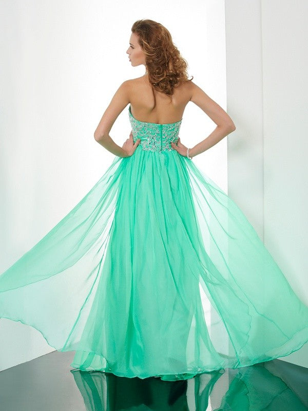 Vestidos largos de gasa con corte A/princesa, cuello halter, sin mangas, con apliques de cuentas